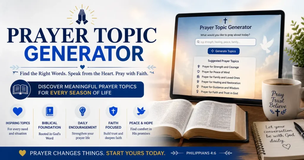 Prayer Topic Generator for finding meaningful Christian prayer topics for strength, healing, peace, family, guidance, and faith.