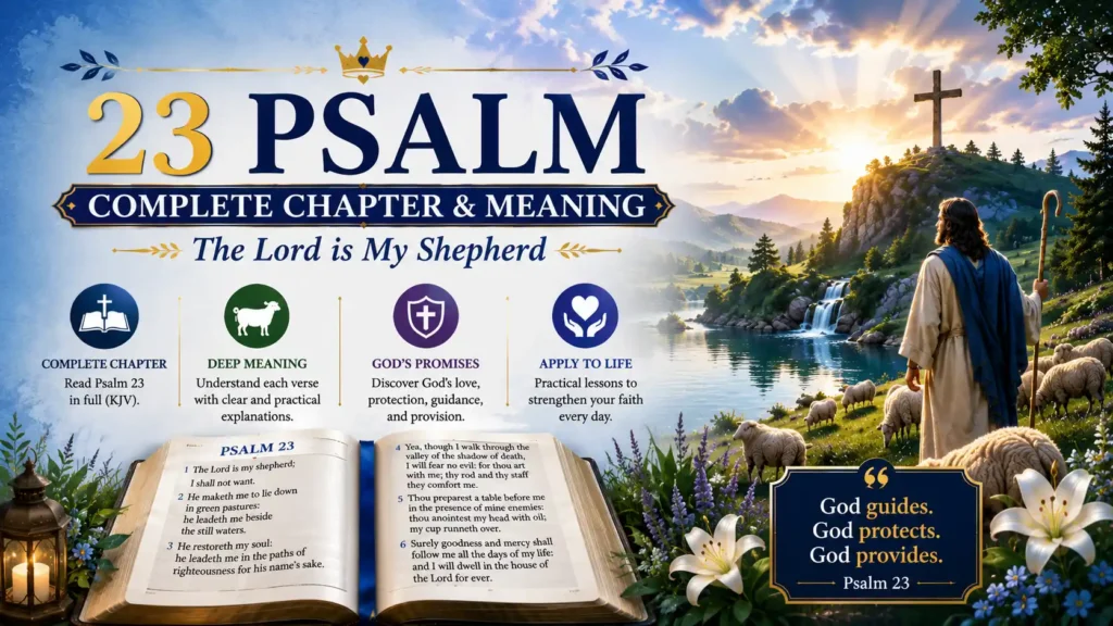 Open Bible with shepherd and flock, Psalm 23 Complete Chapter and Meaning. God's shepherding over His people represented with green pastures, still waters, wooden cross at sunrise for his provision, protection, peace.