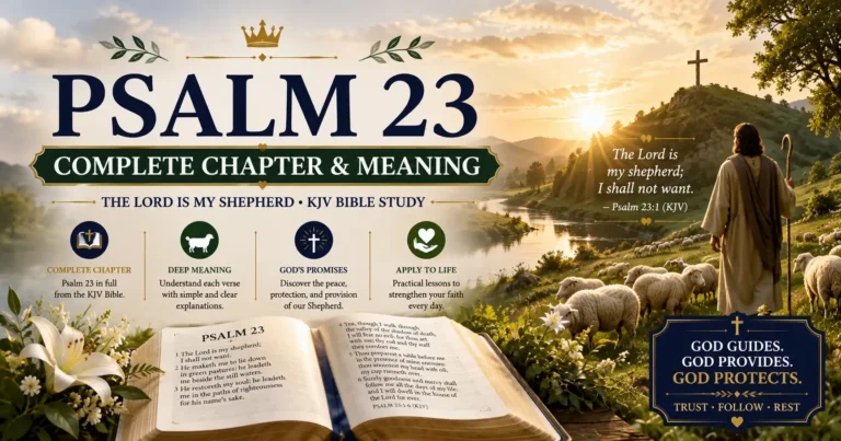 Featured image of Psalm 23 Complete Chapter and Meaning with an open Bible, shepherd, sheep, green pastures, still waters, wooden cross, and sunrise representing God's guidance, protection, peace, and provision.