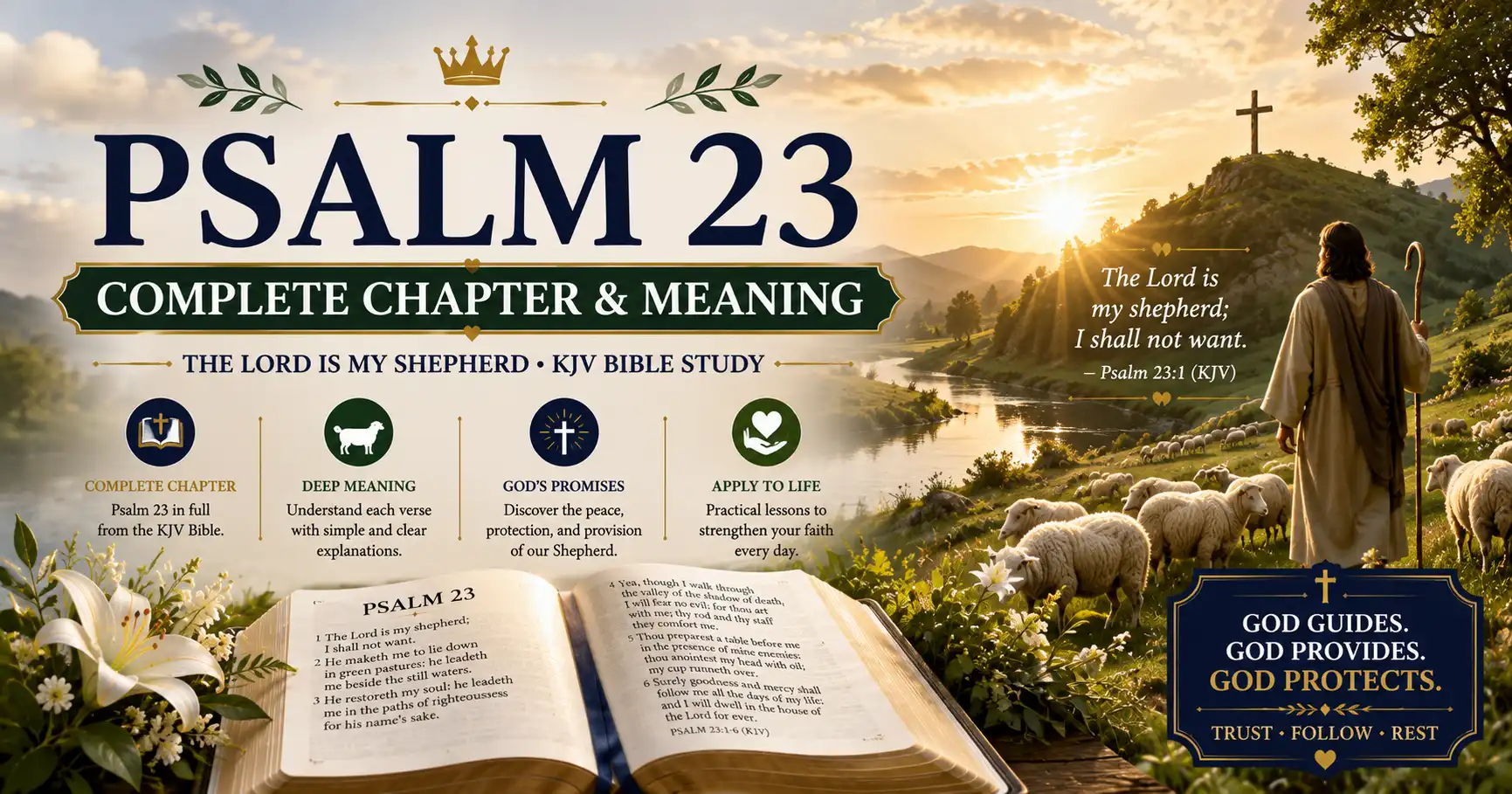 Featured image of Psalm 23 Complete Chapter and Meaning with an open Bible, shepherd, sheep, green pastures, still waters, wooden cross, and sunrise representing God's guidance, protection, peace, and provision.