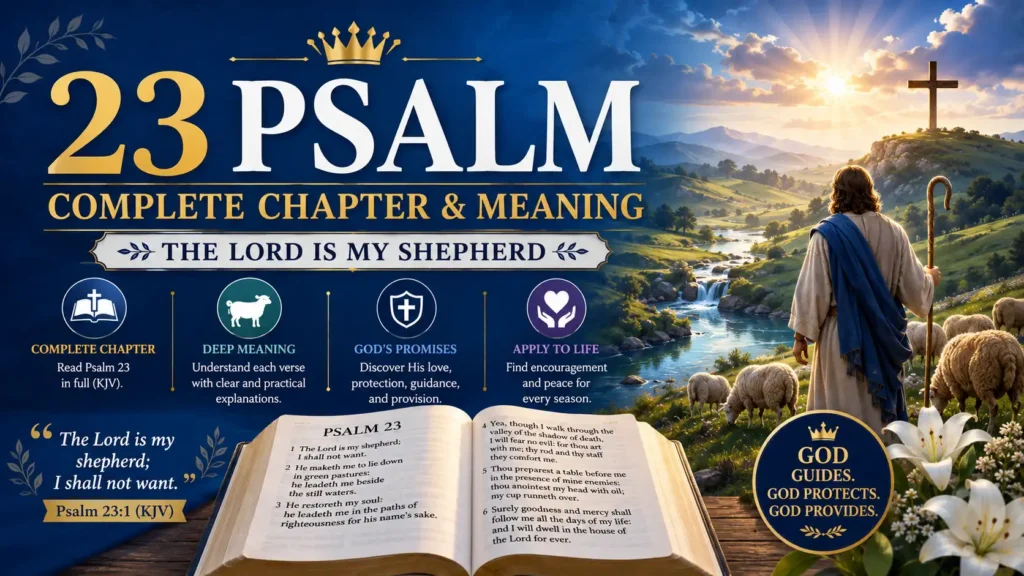 An image of the full 23 rd Psalm and its meaning with a Bible open to the chapter, shepherd, sheep, gated green pastures, still waters, wooden cross, sunrise and the Kingdom of God representing His guidance, protection, peace and provision.