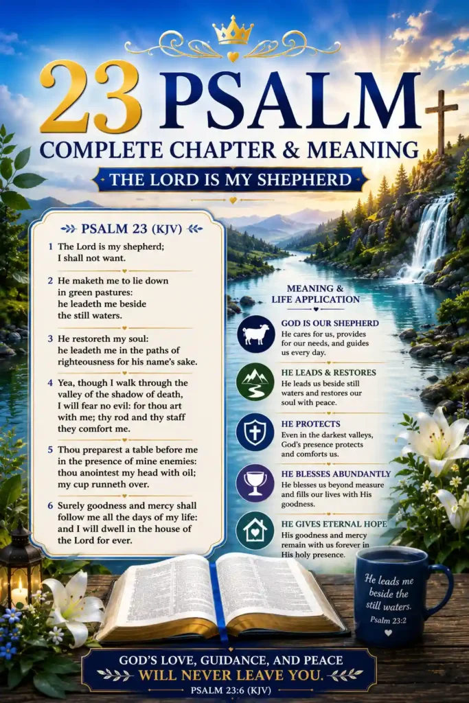 Pinterest image featuring Psalm 23 Complete Chapter and Meaning with an open Bible, peaceful river, waterfall, shepherd, sheep, wooden cross, blue sky, and sunrise, symbolizing God's guidance, protection, and peace.