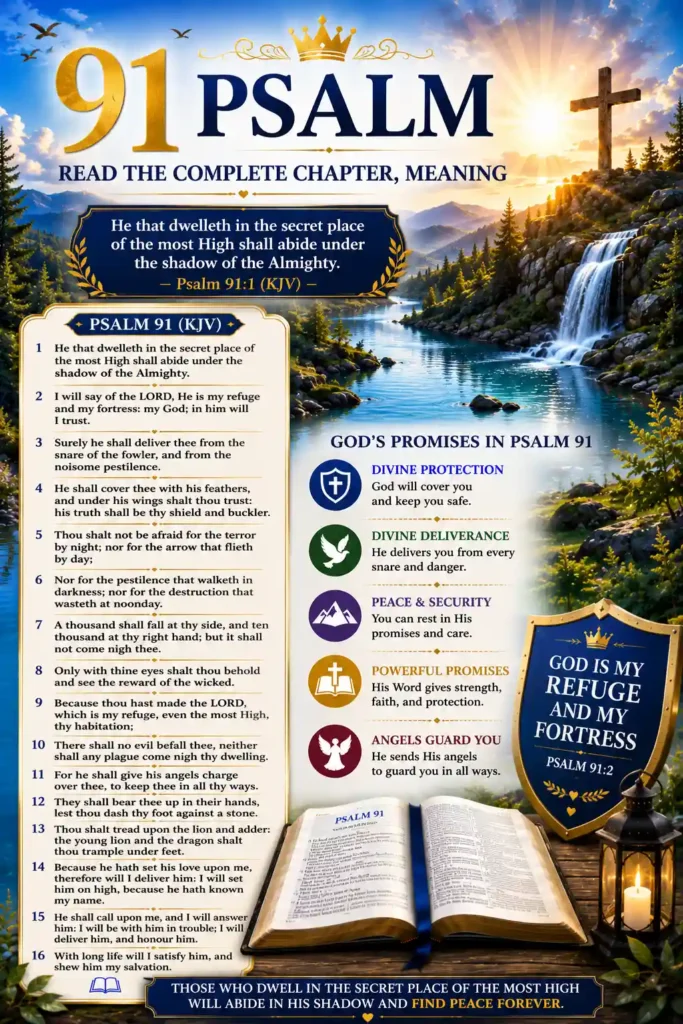 Psalm 91 KJV complete chapter and meaning Pinterest image with an open Bible, cross, mountain waterfall, and message about God’s protection and refuge.