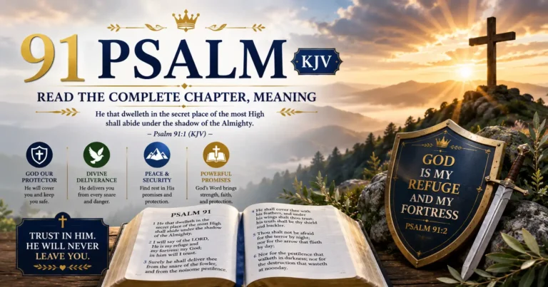 Psalm 91 KJV complete chapter and meaning featuring an open Bible, Christian cross, and God as our refuge and fortress.