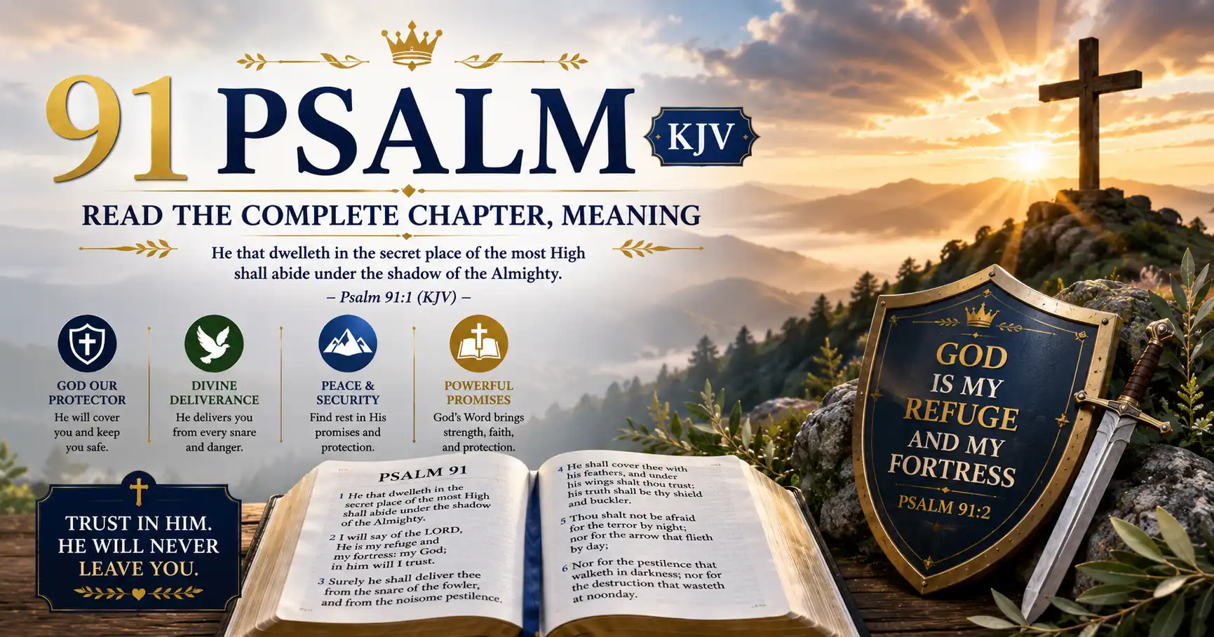 Psalm 91 KJV complete chapter and meaning featuring an open Bible, Christian cross, and God as our refuge and fortress.