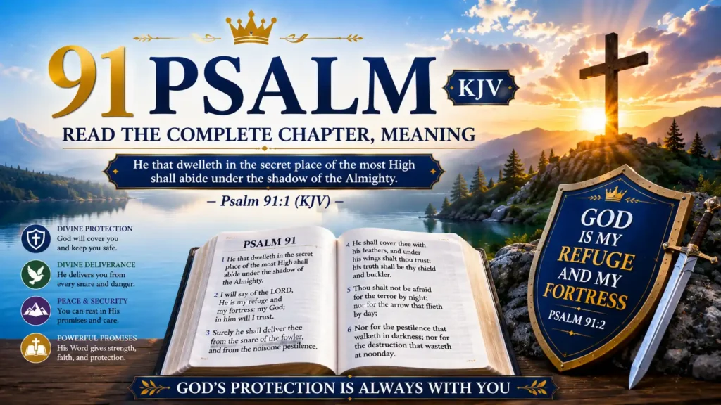 91 Psalm KJV full chapter including meaning with an open bible with open book bible, and Christian cross symbols as a depiction for God is our shelter and fort.