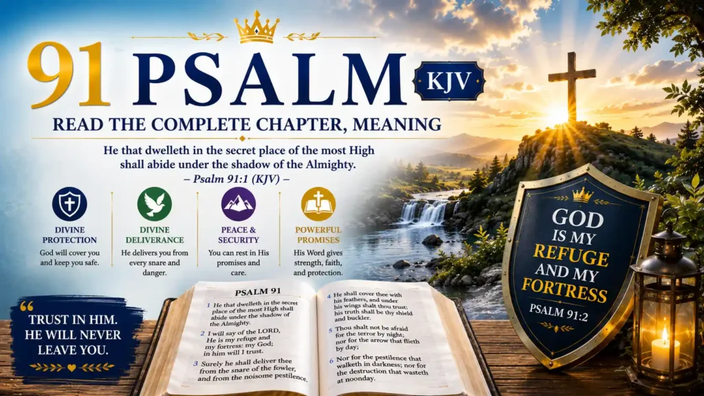 Psalm 91 KJV full chapter and meaning with an open bible, Christian cross and God our refuge and fortress.