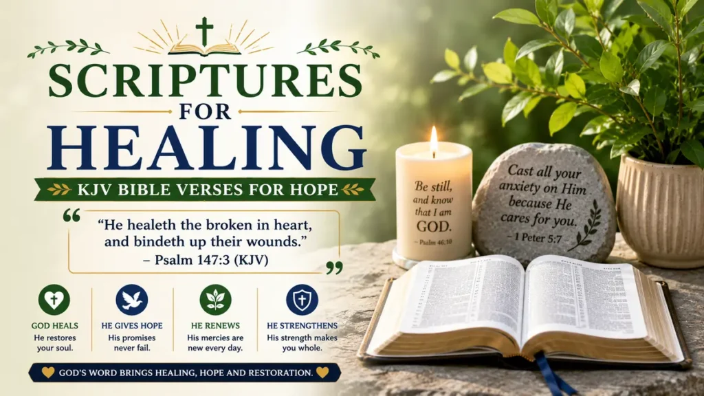 Featured image for Scriptures for Healing with an open Holy Bible, wooden cross, sunrise, white lilies, and Psalm 147:3 (KJV), symbolizing God's healing, hope, peace, and restoration.