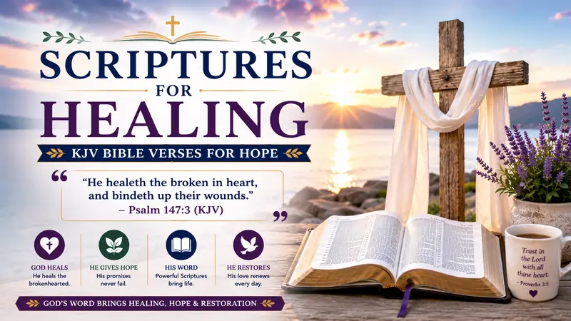 Featured image for Scriptures for Healing with an open Holy Bible, wooden cross, sunrise, white lilies, and Psalm 147:3 (KJV), symbolizing God's healing, hope, peace, and restoration.