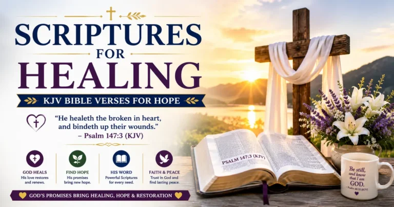 Featured image for Scriptures for Healing with an open Holy Bible, wooden cross, sunrise, white lilies, and Psalm 147:3 (KJV), symbolizing God's healing, hope, peace, and restoration.