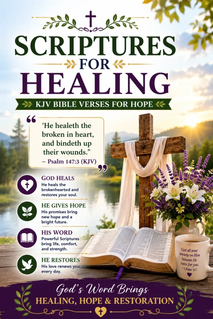 Pinterest image featuring powerful KJV Scriptures for Healing with a wooden cross, open Holy Bible, peaceful lake, sunrise, white lilies, and Psalm 147:3 (KJV), representing God's healing, hope, comfort, and restoration.