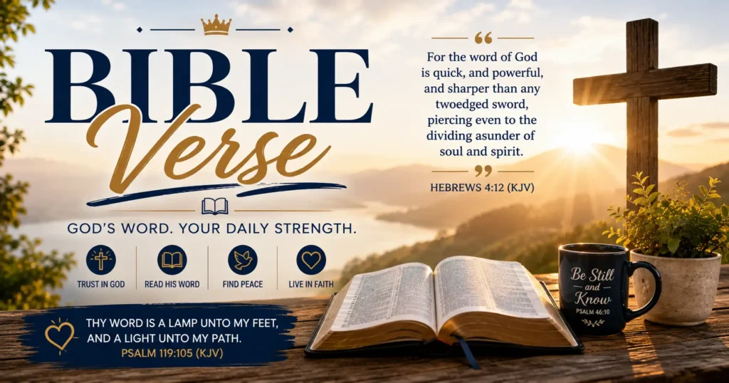 Bible Verse featured image of an open Bible, a wooden cross, the sunrise and an inspiring KJV Scripture for daily encouragement.