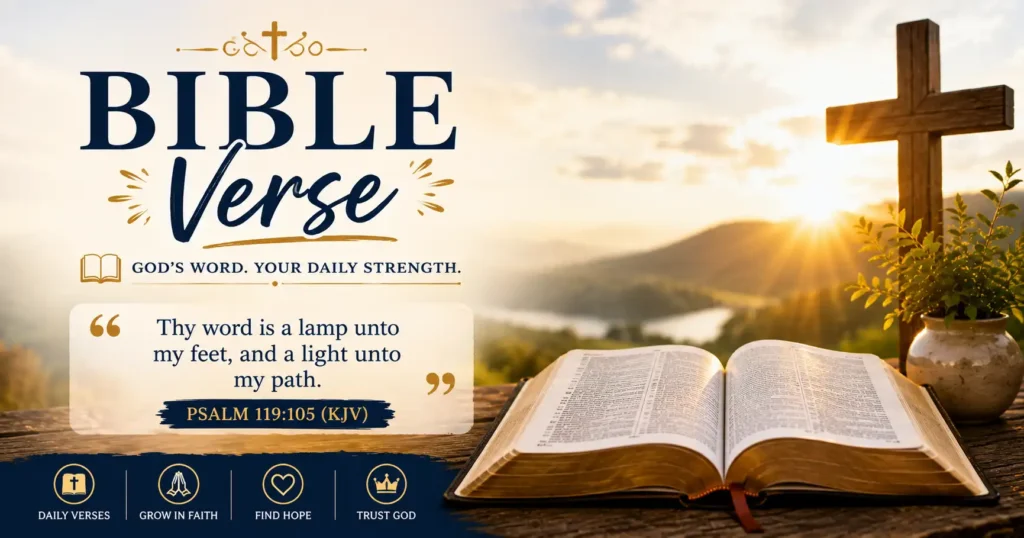 Bible Verse image with open Bible, wooden cross, rising sun, and inspiring KJV scripture for Christian daily inspiration.