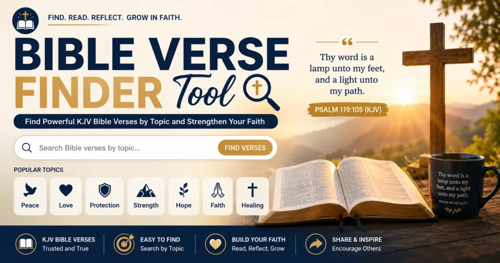 Bible Verse Finder-includes an open Bible, search box, and a collection of KJV Bible verses to help you locate Scripture based on topic.