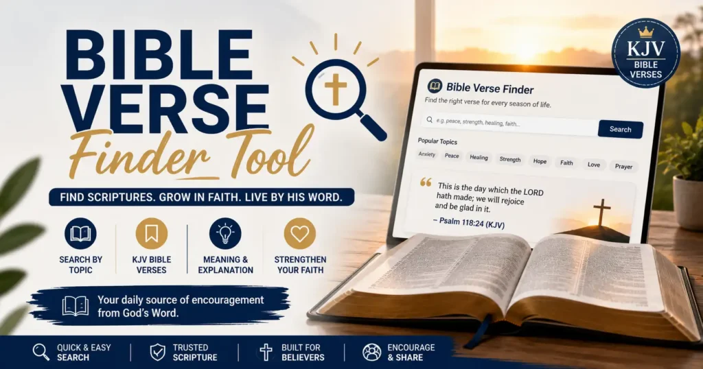 Bible Verse Explorer tool displaying an opened Bible, a search box, and KJV Bible passages for finding Scripture by topic.