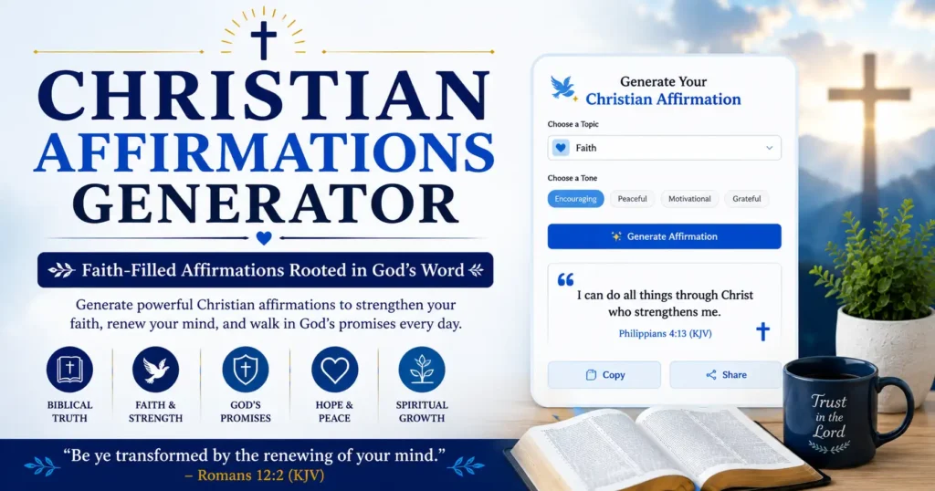 Christian biblical affirmations, Christian Affirmations Generator Page. A modern affirmation generator page with open Bible, cross and faith affirmations from Bible.