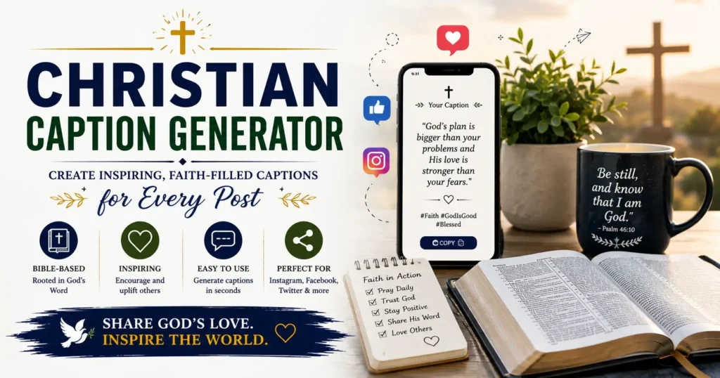 Christian Caption Maker with a smartphone with Holy Bible, Wooden Cross and social media logos with religious captions for Christian Instagram, Facebook, Twitter, and Pinterest profiles.