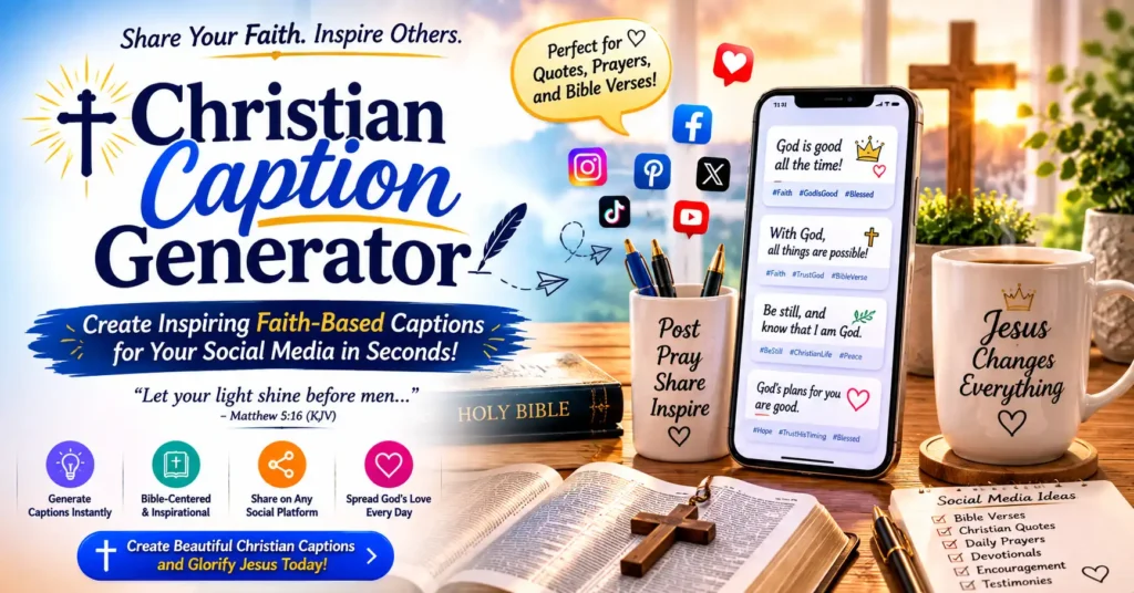 Christian Caption Generator with a mobile phone, Holy Bible, wooden cross, social media symbols, faith-based captions for Instagram, Facebook, Pinterest, or Christian content creators.