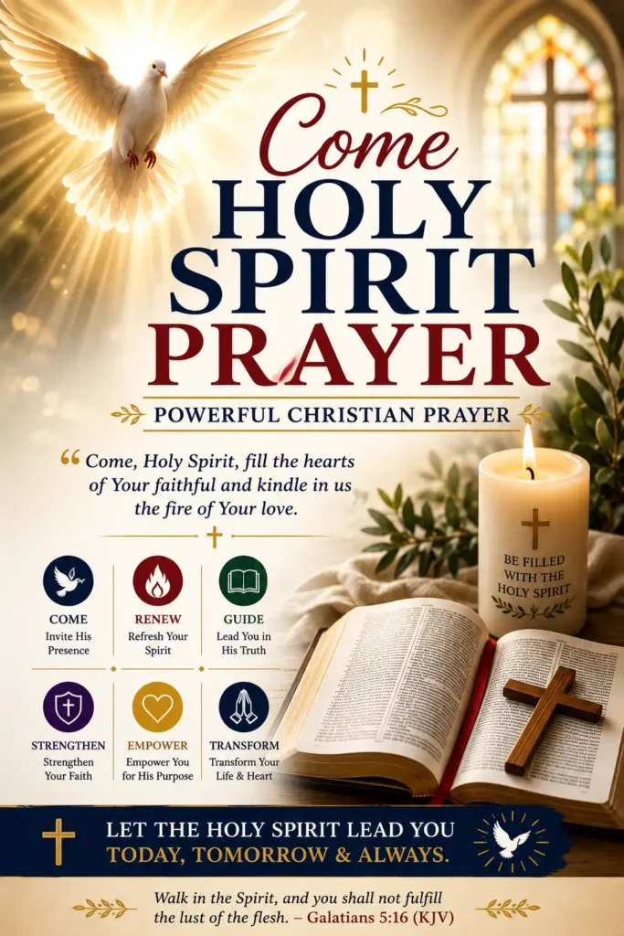 Come Holy Spirit Prayer featuring a radiant dove, open Bible, wooden cross, candle, and Christian prayer for guidance, wisdom, strength, and the Holy Spirit.