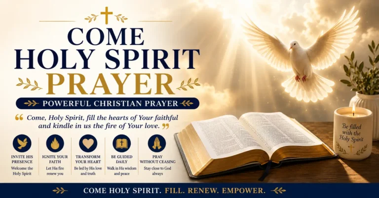 Come Holy Spirit Prayer featuring a white dove, open Bible, candle, and Christian prayer for guidance, wisdom, faith, and the Holy Spirit.