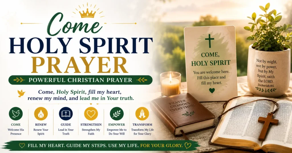 Come Holy Spirit Prayer White dove open Bible candle Christian prayer for guidance, wisdom, faith and the Holy Spirit.