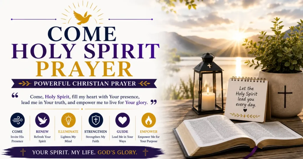 Come Holy Spirit Prayer white dove open Bible candle Christian prayer guidance wisdom faith Holy Spirit