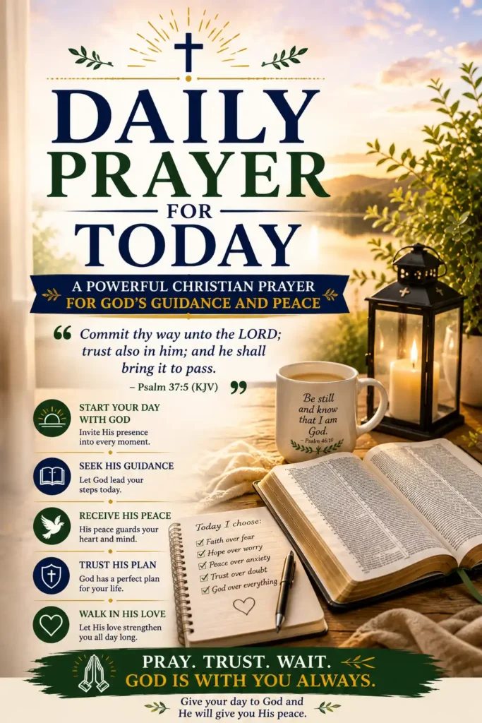 Daily Prayer for Today, Pinterest image of an open Bible, sunrise, lantern, coffee cup and Christian prayer asking God for direction, peace, wisdom and strength each day.