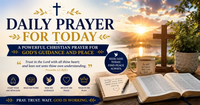 Daily Prayer for Today featuring an open Bible, wooden cross, sunrise, and Christian prayer for God's guidance, peace, wisdom, and daily strength.