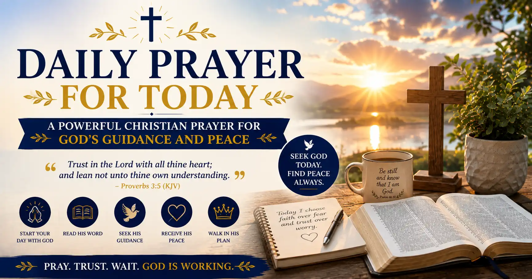 Daily Prayer for Today featuring an open Bible, wooden cross, sunrise, and Christian prayer for God's guidance, peace, wisdom, and daily strength.