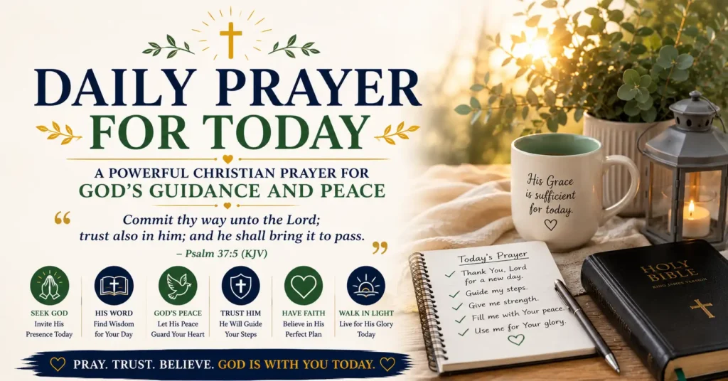 My daily prayer for today with open Bible, Cross made of wood, sunrise and Christian prayer for God's guidance, peace and wisdom every day.