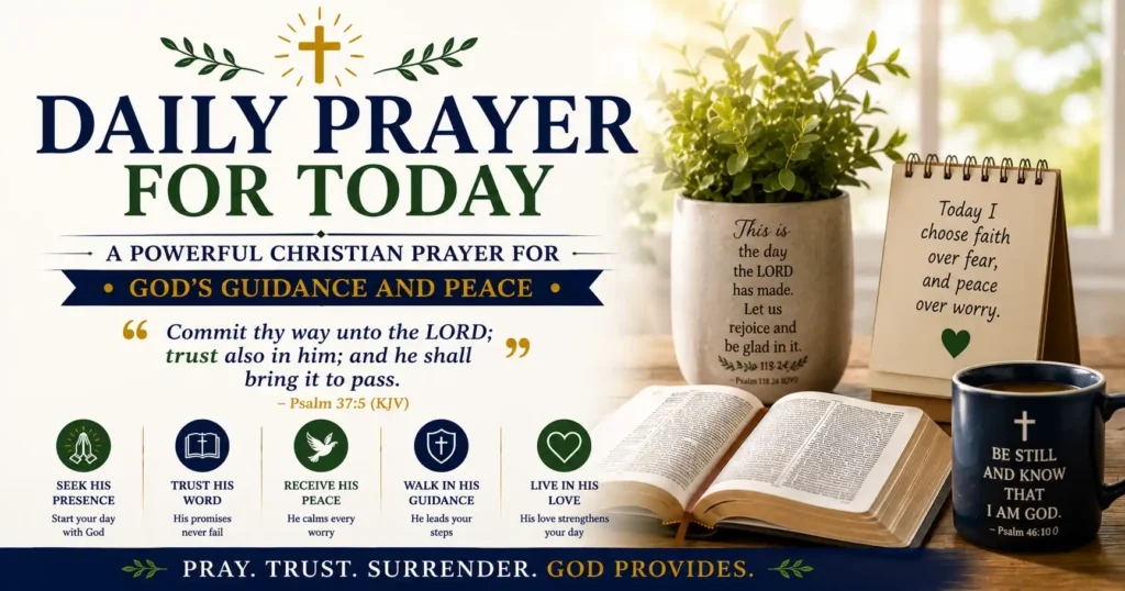 Today's Daily Prayer depicted with an open Bible, wooden cross and sunrise, Christian prayer for guidance and comfort of God and strength each day.