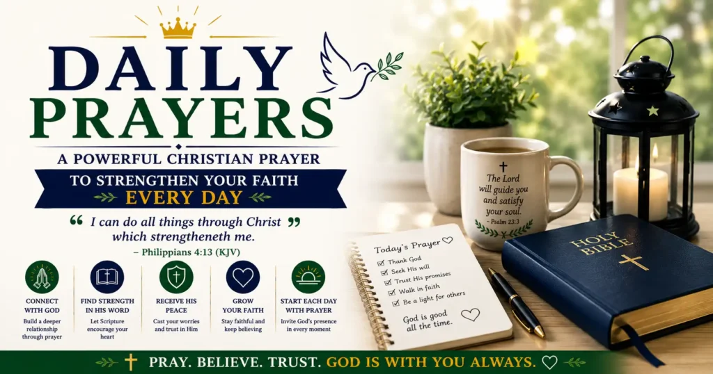 Daily Prayers image showing Bible open, sunrise, prayer journal, Christian prayer to encourage and strengthen your daily faith.