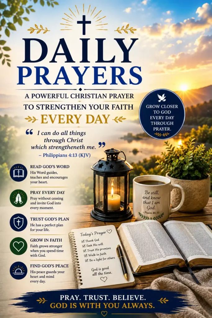 Pictures of daily prayers on Pinterest allow you to make daily effective prayers a priority with a beautiful open Bible, sunrise, prayer journal, candle lantern, Coffee cup and Christian prayer to strengthen your faith each and every day.