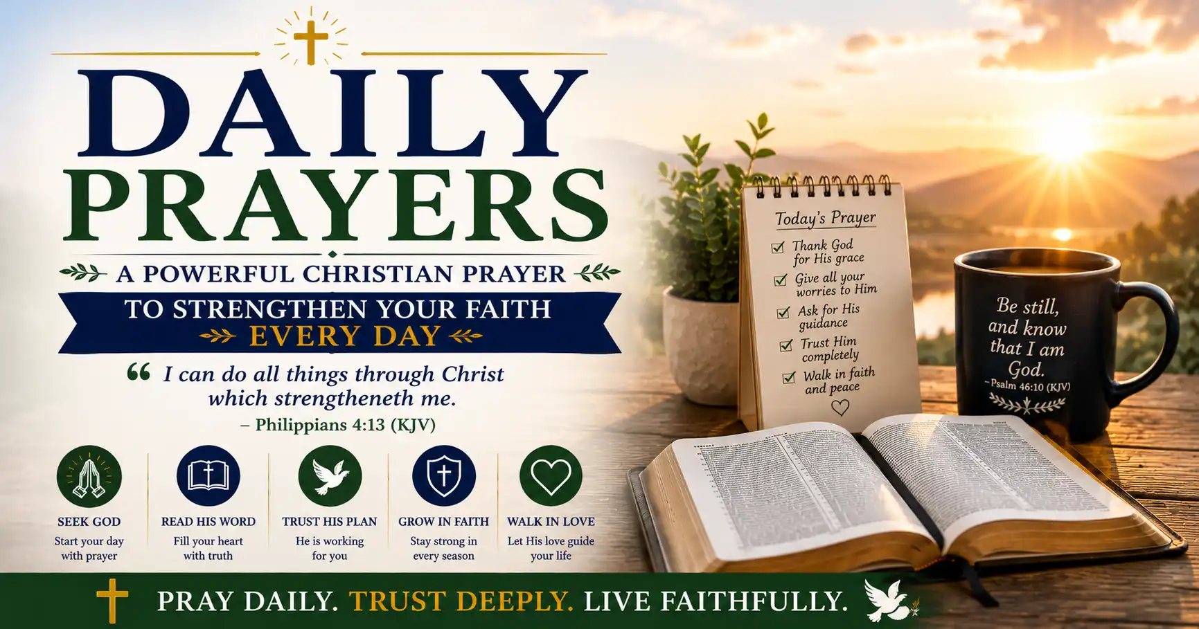 FeaturingsDaily Prayers-prayer books daily to help strengthen your faith. A good way to start is by opening an openBiblefeaturing images of the sun rise, a prayer journaland Christian prayer.