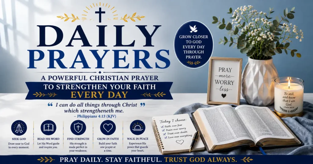Daily Prayers- Featured image of an open Bible, sunrise, prayer journal, and Christian prayer for daily encouragement.