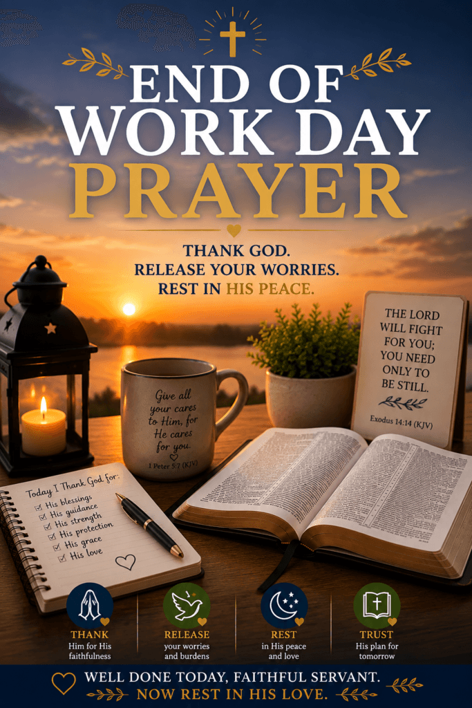 End of Work Day Prayer Pinterest With a Quiet Sunset, Bible Open, Prayer Journal, Lantern, Coffee Mug, Christian Evening Devotional