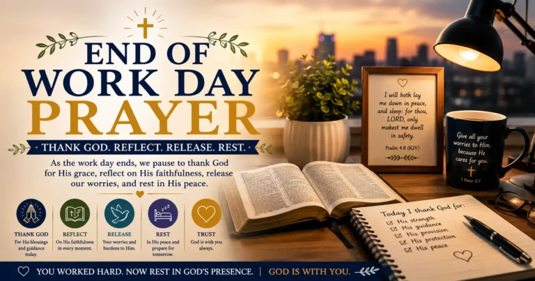 Close of Work Day Prayer with the sunset, open Bible, lantern, prayer journal and restful Christian evening prayer scene.