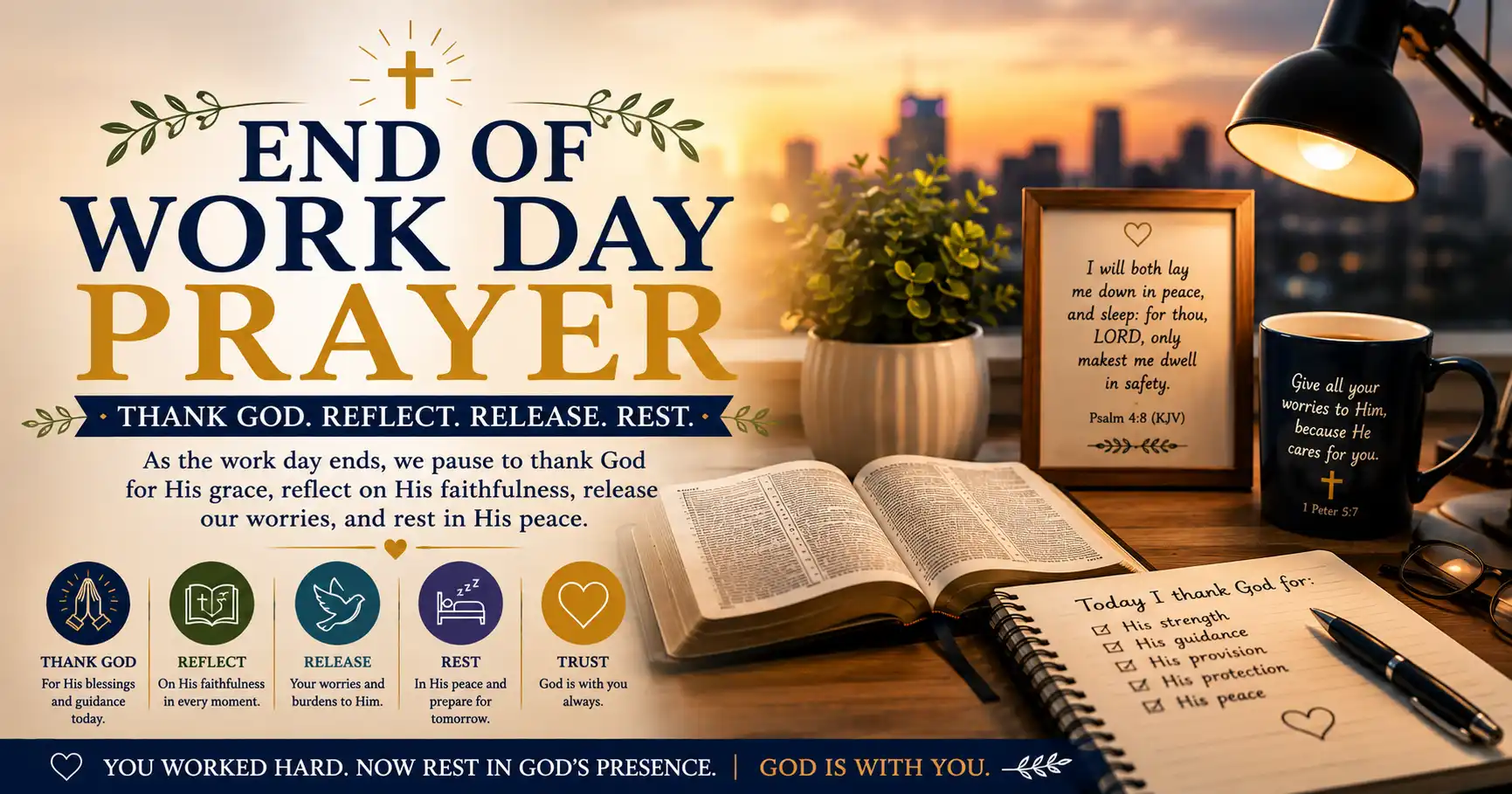 Close of Work Day Prayer with the sunset, open Bible, lantern, prayer journal and restful Christian evening prayer scene.