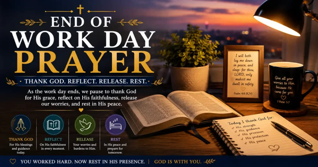 Closing prayer as we end of a work day with a sunset, Bible, lantern, prayer journal and a peaceful Christian evening devotions.
