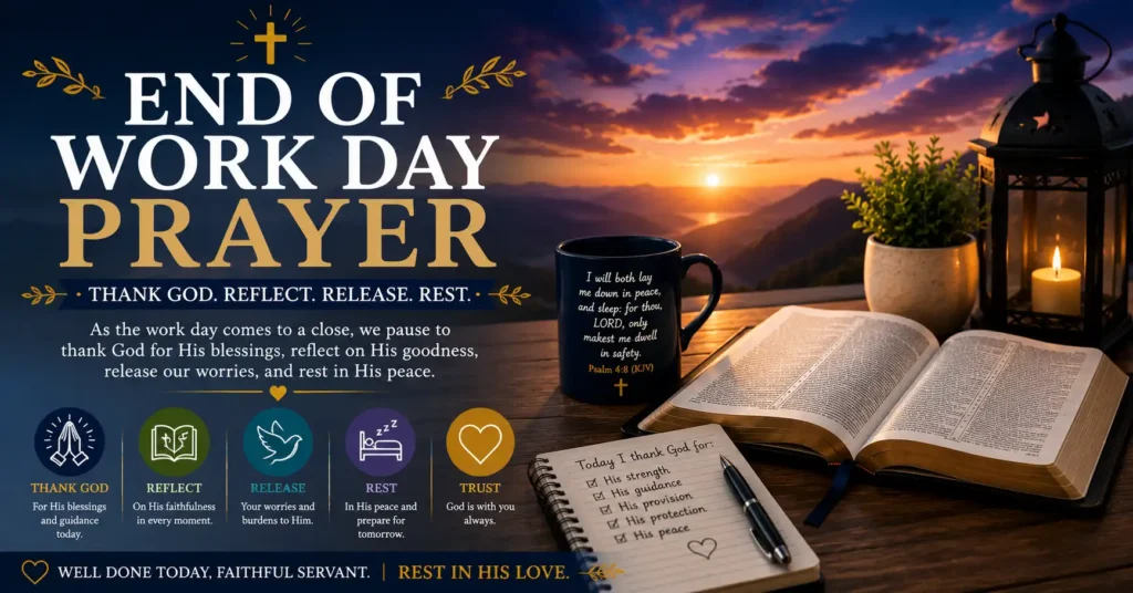 End of work day prayer with a sunset, open Bible, lantern, prayer journal and peaceful Christian evening prayer scene.