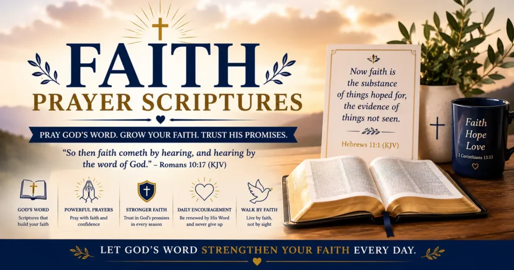 Faith Prayer Scriptures stamp. An image of an open Bible, wooden cross, lantern, coffee mug, and inspiring KJV Bible verses about faith and prayer.