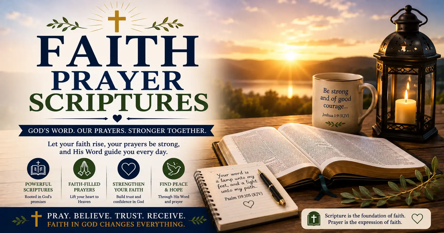 Faith Prayer Scriptures image with open Bible, wooden Cross, lantern, coffee mug and inspiring KJV Bible verses about faith and prayer.