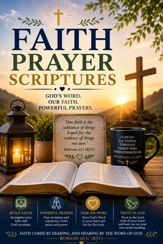 Religious Faith Prayer Scriptures Pinterest image with an open Bible, Bible Cross, Lantern Light, Scripture plaque, and Strong KJV Bible scriptures about faith and prayer.