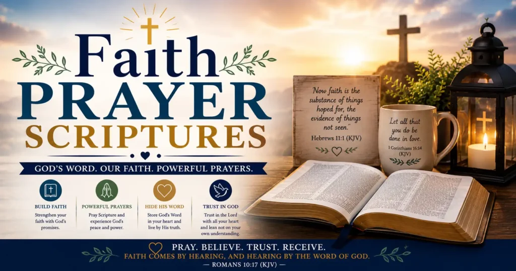 Faith Prayer Scriptures. Image of open Bible, wooden cross, lantern, coffee mug, and inspiring KJV Bible verses about faith and prayer.