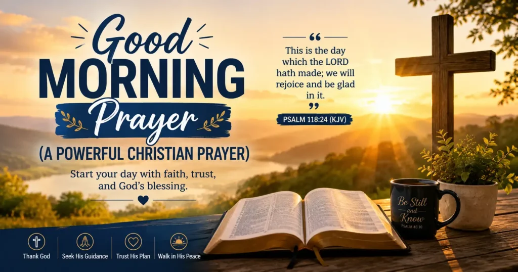 Morning prayer with the sun rise, opened bible, cross with wood and psalm 118:24 king James Version for everyday Christian motivation.