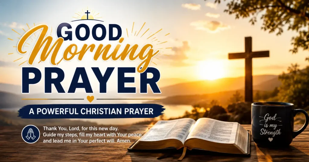 Good Morning Prayer with Sunday sunrise, open Bible, wooden cross, and Psalm 118:24 KJV for everyday encouragement for Christians.