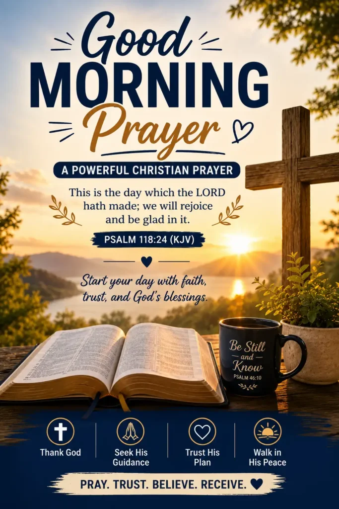 MORNING PRAYER PINTEREST IMAGE that includes a sunrise, open Bible, wooden cross and daily Christian inspiration of Psalm 118:24 (KJV).