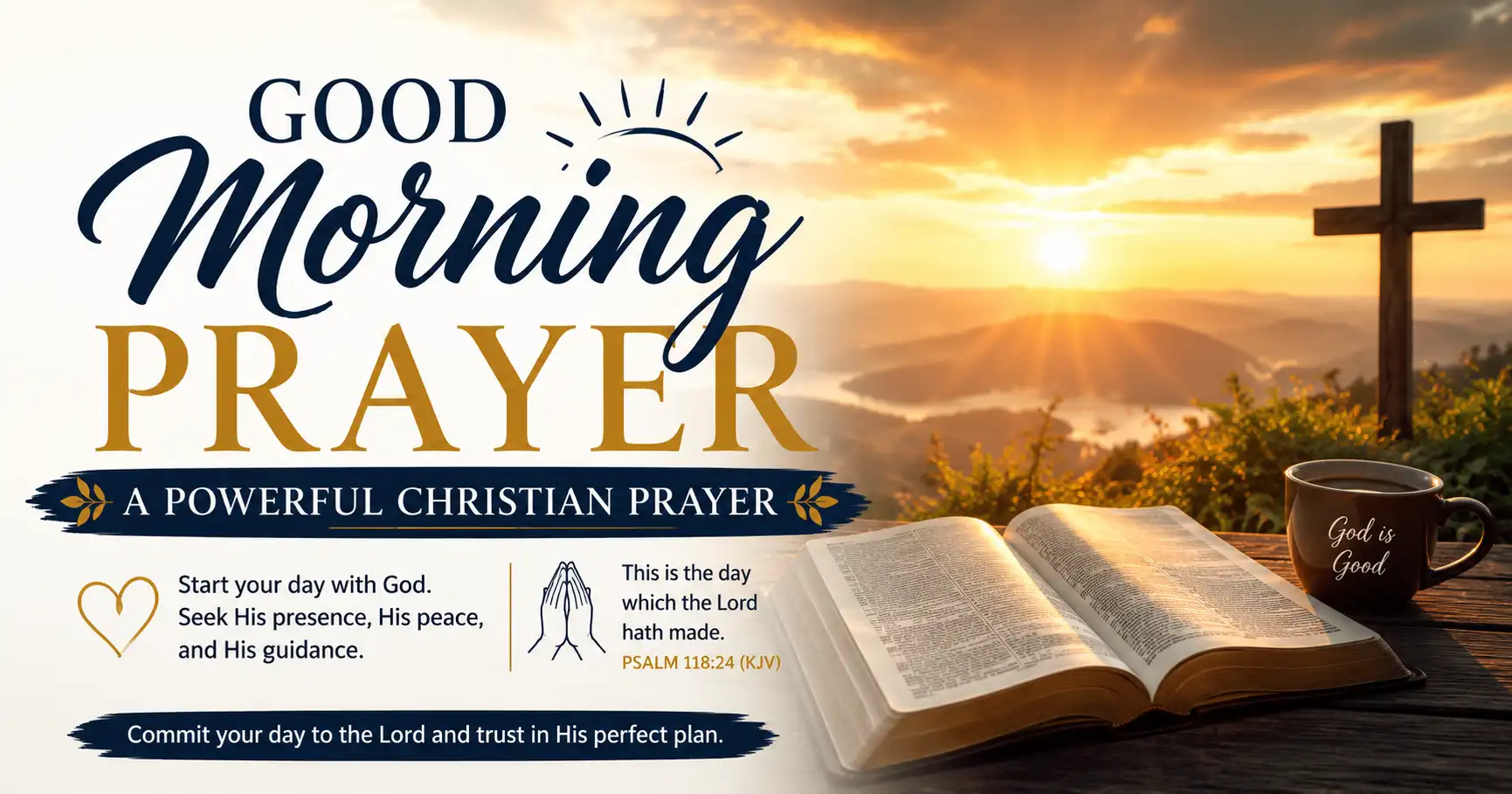 Good Morning Prayer with sunrise, open Bible, wooden cross, Psalm 118:24 KJV for daily Christian inspiration.
