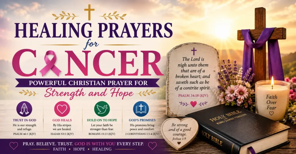 Healing Prayers for Cancer. Artistic image of an open Bible, wooden cross, pink cancer awareness ribbon, flowers, candle and inspiring Christian prayer for healing and hope.