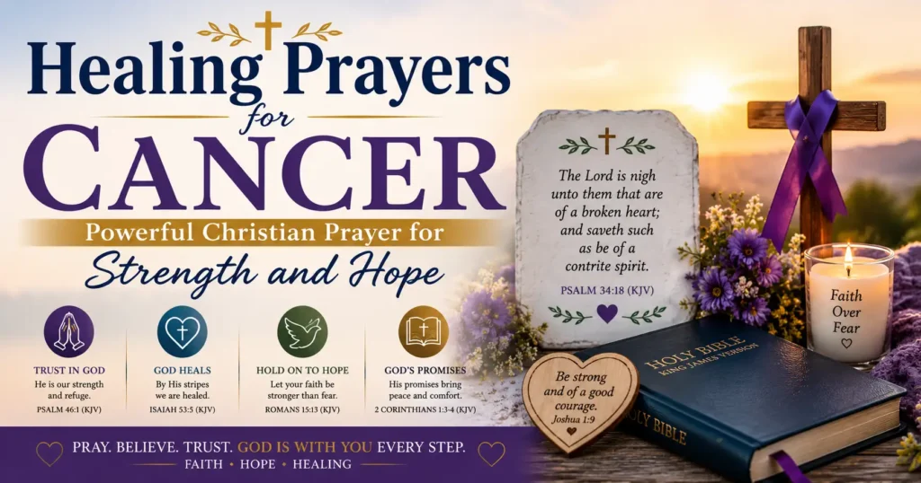 Healing Prayers for Cancer image was an open Bible, wooden cross, pink cancer awareness ribbon, flowers, candle, and inspirational Christian prayer for strength and hope.